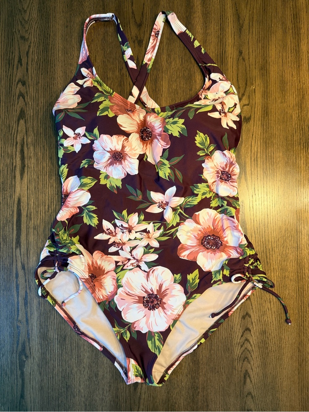 Kona Sol Burgundy Floral One-Piece Swimsuit with Pink & Peach Flowers Size XL